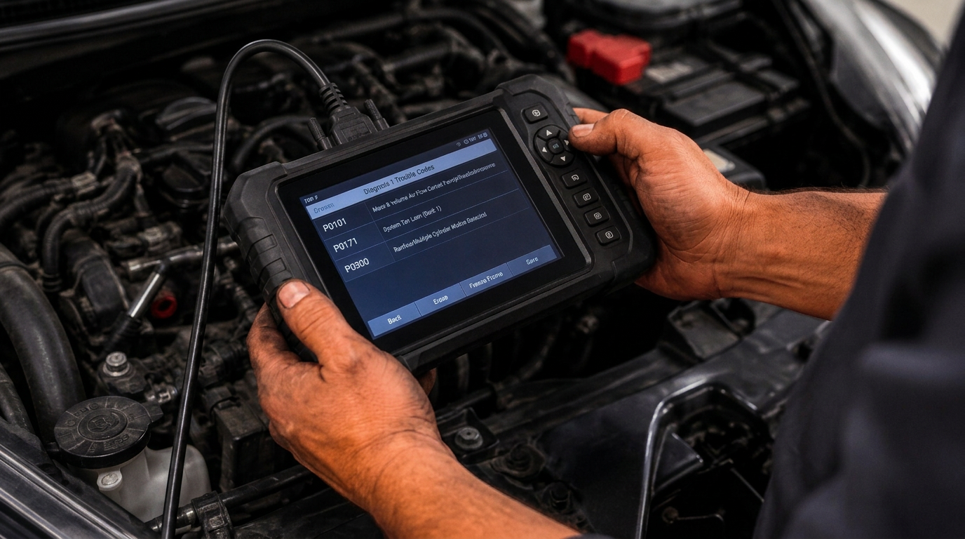 Mobile mechanic working under the hood of a car on a Texas driveway
